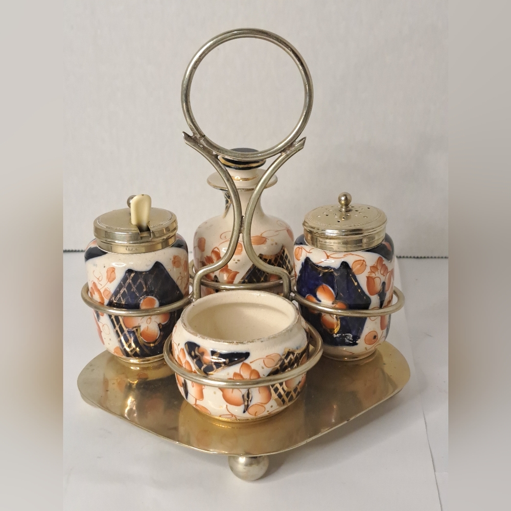 Vintage 1940's English Hand Painted Imari Style Condiment Set  EPNS Silver Plate